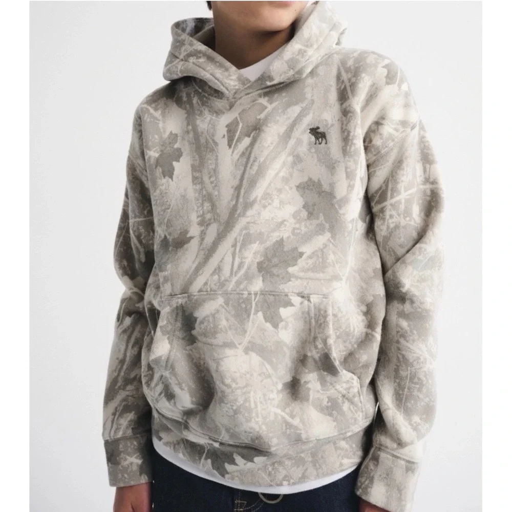 Abercrombie Kids A&F Essentials Grey Leaf Camo Relaxed Fit Hoodie 13/14